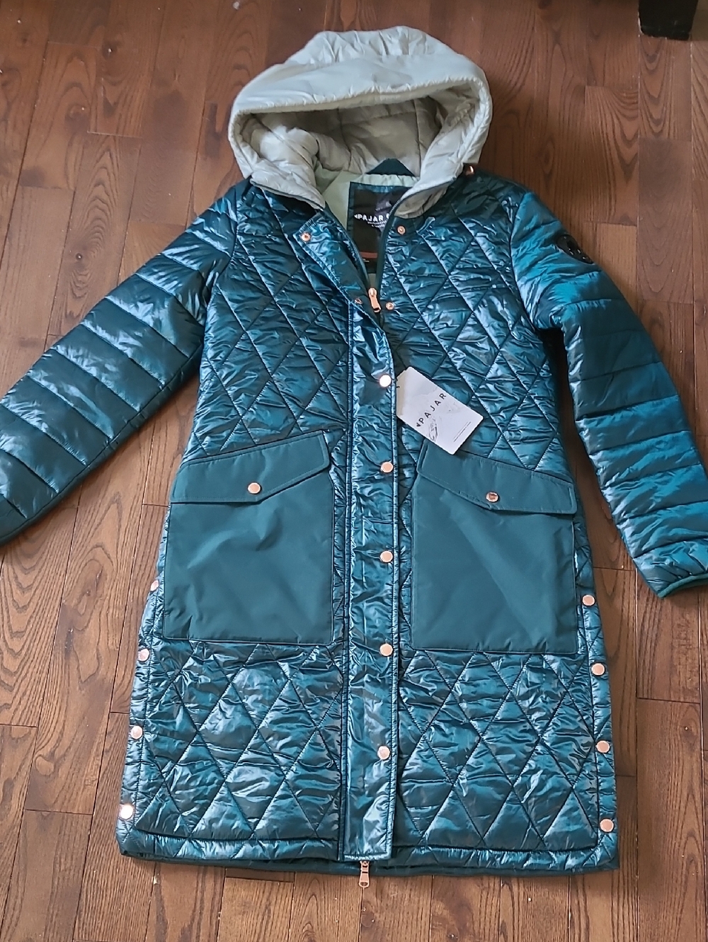NWT Pajar Women's Quilted Long Puffer Coat Jacket with Hood Color Emerald Size M